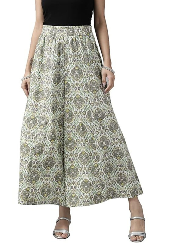 Women Lime Green Base and White Printed Flared Palazzos