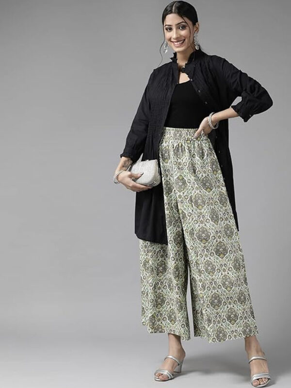 Women Lime Green Base and White Printed Flared Palazzos - Image 2